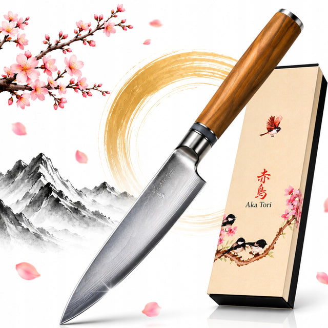 Nóż Kuchenny Japoński Uniwersalny Aka Tori Stal Damasceńska Kyoto 13cm do krojenia warzyw i owoców, drewniany uchwyt santoku do siekania ziół i