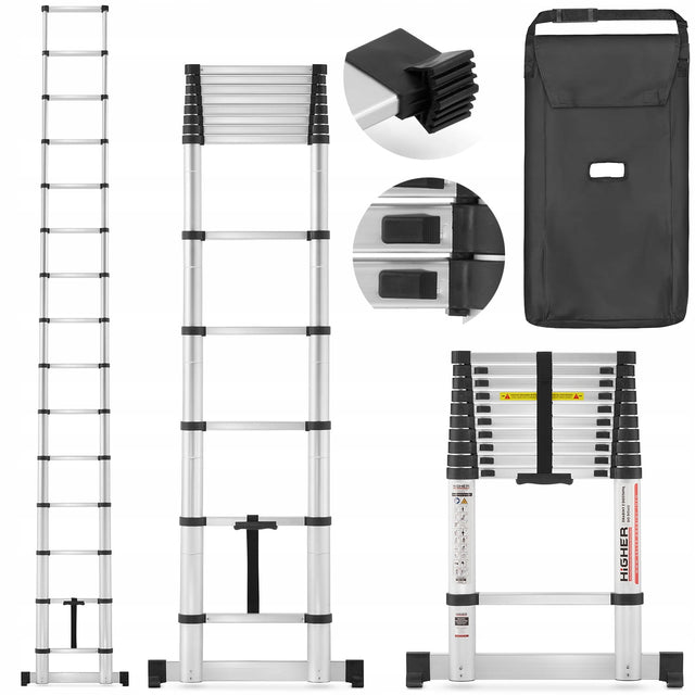 Drabina aluminiowa teleskopowa przystawna higher 440cm wysuwana, 15 szczebli, udźwig 150 kg, długość transportowa 94 cm, do prac na wysokości