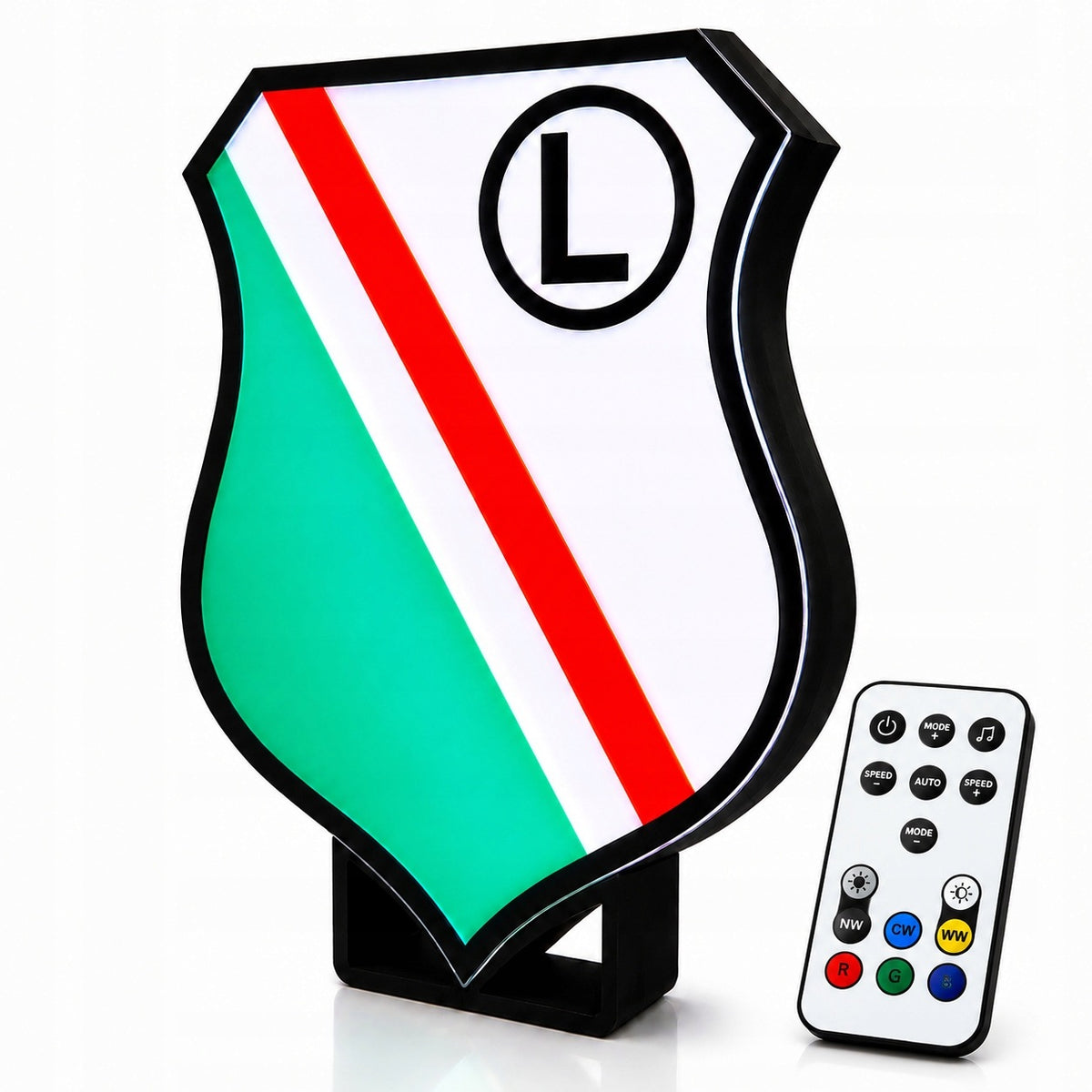 Podświetlany Herb Legii Warszawa 21 cm 3D LED rgbw USB Pilot Legia Kibica ozdoba do pokoju, lampka dekoracyjna, prezent
