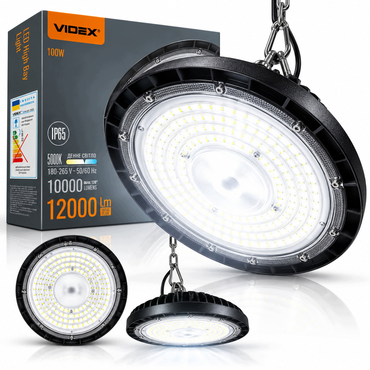 Lampa Wisząca LED Przemysłowa High Bay UFO Magazyn Hala 100W 12000lm IP65 oprawa do warsztatu i fabryki, czarna