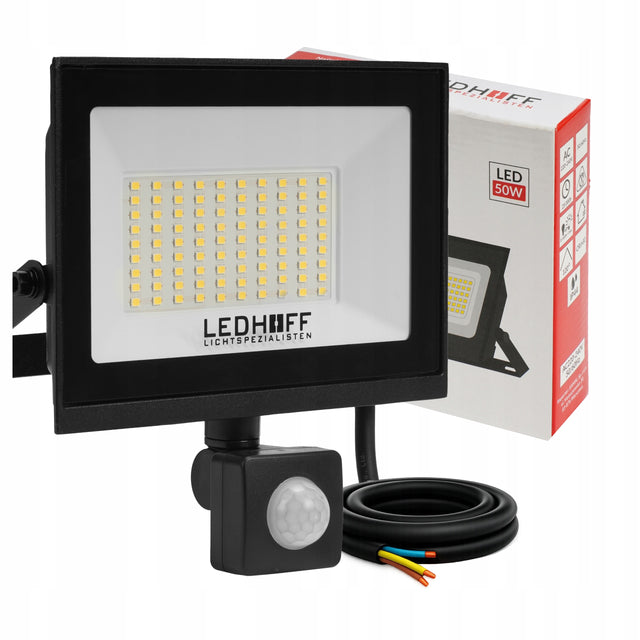 Halogen LED Naświetlacz Reflektor czujnik ruchu 50W 4500lm 4500K Zewnętrzny lampa IP44 światło neutralne do garażu podjazdu i ogrodu