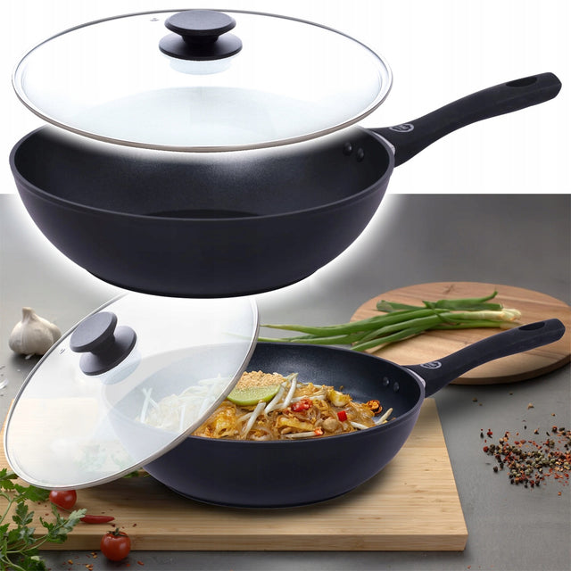 MG Home patelnia WOK 28 cm czarna z pokrywką, nieprzywierająca, indukcja do smażenia i duszenia, z nienagrzewającymi się uchwytami, do zmywarki