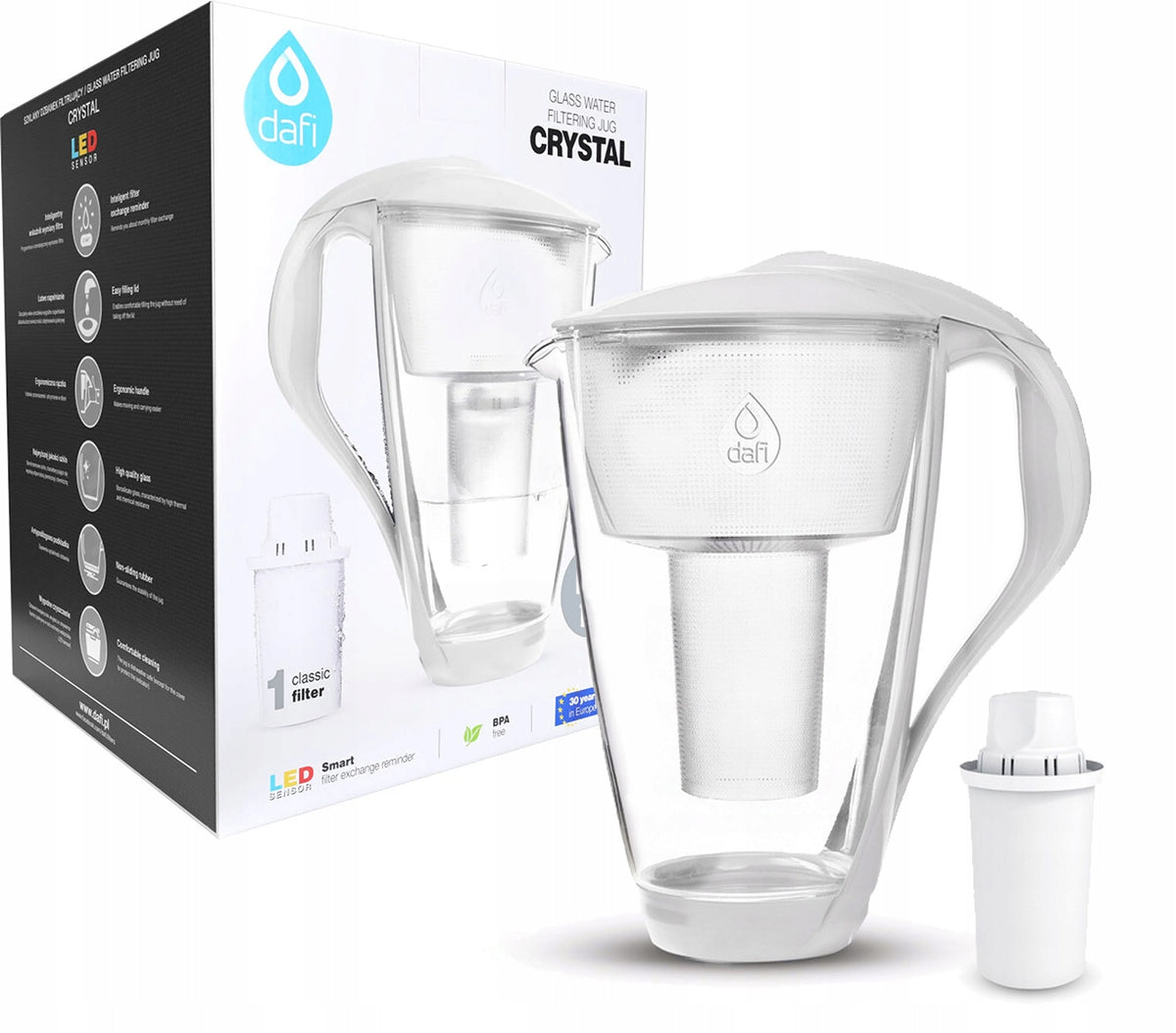 Dzbanek filtrujący szklany Dafi Crystal LED biały + 1 filtr Classic bezbarwny
