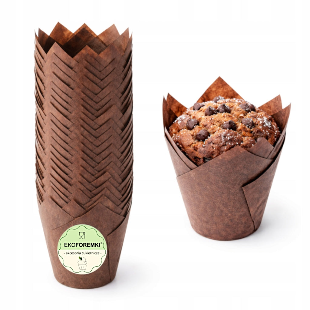 Papilotki do muffinek babeczek tulipany brązowe foremki papier 5 cm 50sztuk wkłady cukiernicze, osłonki na wypieki