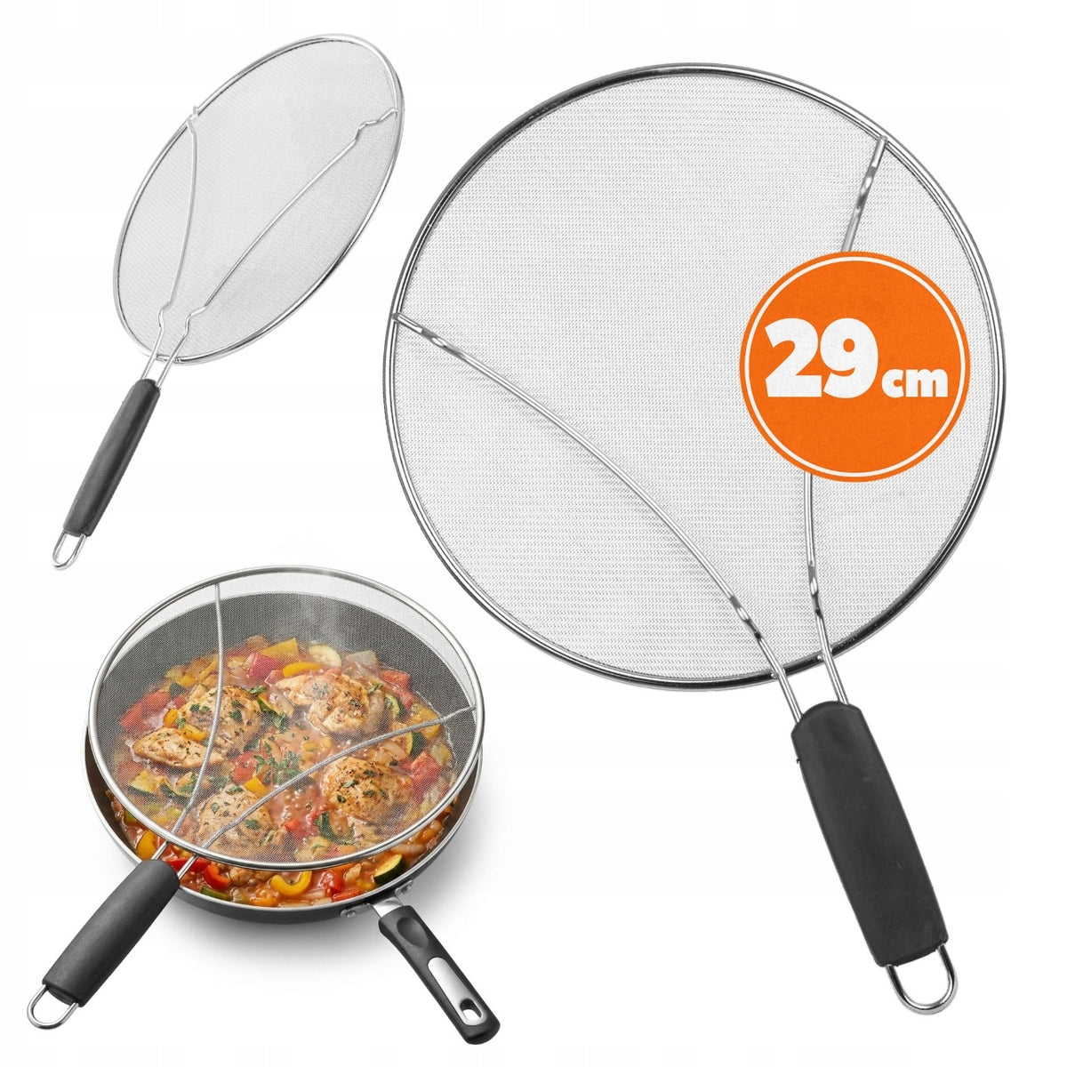 Sitko ochronne na patelnię 29 cm osłona do smażenia pokrywka z rączką stal nierdzewne sito przeciw pryskaniu tłuszczu