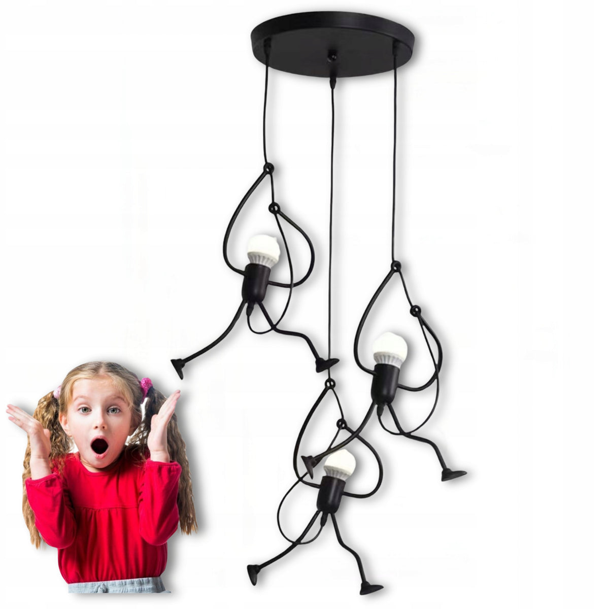 Lampa wisząca sufitowa żyrandol potrójna nowoczesna loft ludzik humanoid 3-punktowa metalowa czarna oprawa E27 do