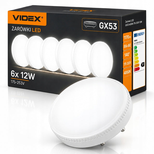 6x Żarówka LED GX53 12W 1170lm 4000K Biały Neutralny Mocna Nie Mruga Videx okrągłe źródło do opraw i plafonów