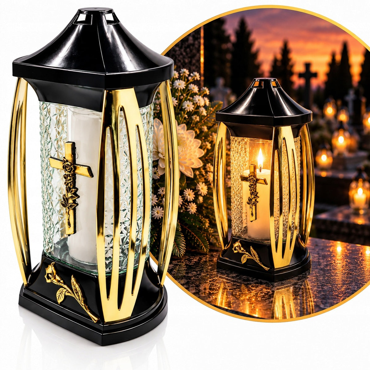 Znicz Szkalny Zn-184 Obudowa Domek Złote Boki 29cm lampion nagrobny na cmentarz, parafinowy, czas palenia do 40 godzin