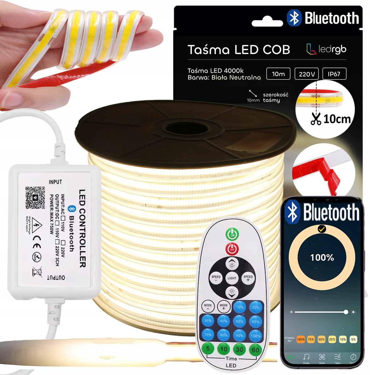 Zestaw taśma LED COB 10m 230V biała neutralna 4000K cięta CO 10cm bluetooth oświetlenie dekoracyjne, listwa świetlna