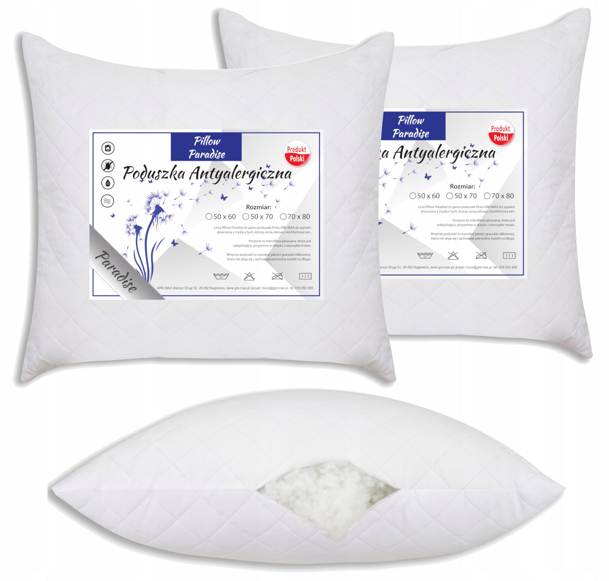 2x poduszka 70X80 antyalergiczna gruba miękka zamek regulacja zestaw 2 SZT. do spania, granulat silikonowy 950 g