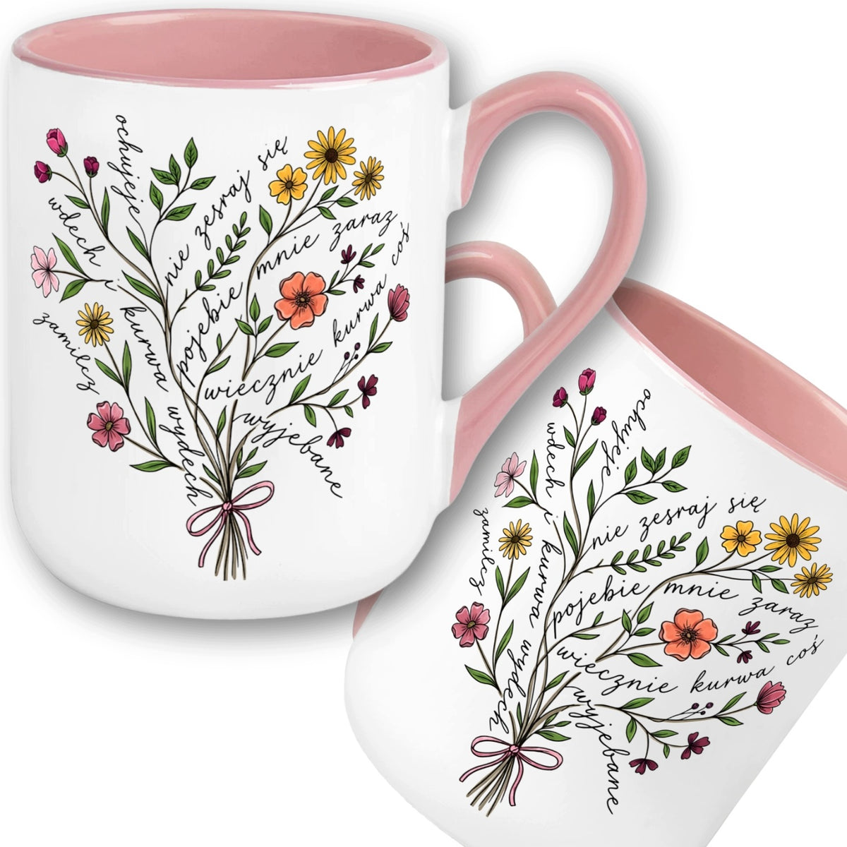 Kubek kwiaty wiązanka bez cenzury do pracy na prezent dla niej humor 330ml ceramiczne naczynie na kawę i herbatę
