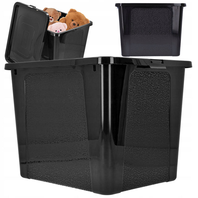 Pojemnik plastikowy 30l organizer pudło box zamykany czarny na zabawki duży skrzynka z pokrywą do przechowywania ubrań i akcesoriów