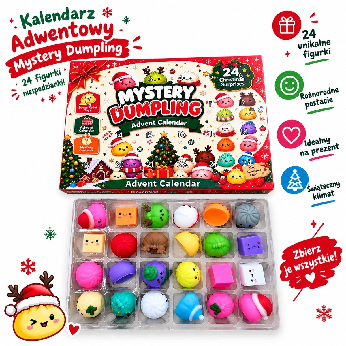 Kalendarz adwentowy Mystery Dumpling z 24 figurkami squishy, gniotki stojący