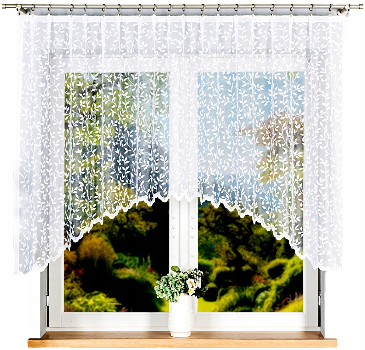 Firana żakardowa ZUZANNA 250x130cm z łukiem w kwiaty (gotowa) firanka biała do salonu, dekoracja okienna na żabki