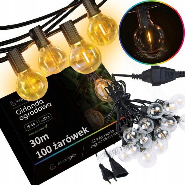 Girlanda Ogrodowa Świetlna 30m 100 x Żarówka LED E12 Przewód Wodoszczelna lampki na taras i balkon, dekoracyjne oświetlenie zewnętrzne IP44, ciepła