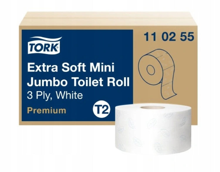 Tork 110255 Papier Toaletowy Mini Jumbo T2 3W 120m 12 Rolek Premium do łazienki, biały, bezzapachowy, z recyklingu