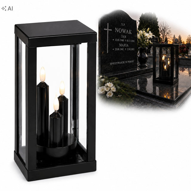 Lampion LED czarny na grób znicz elektryczny 3 świece elegancki 25 CM latarnia nagrobna, dekoracja cmentarna, bez baterii