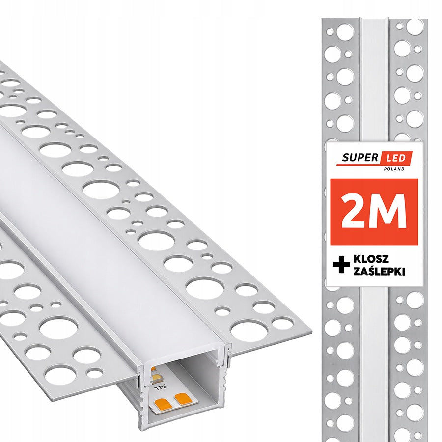 Profil LED Aluminiowy Do Płyt GK Gipsowych Wpuszczany Regips 2m klosz listwa do taśmy świetlnej, kanał montażowy do