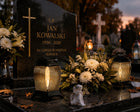 Znicz szklany duży lampion Paski Złoty 33 cm na Wszystkich Świętych na grób lampka LED, dekoracja nagrobna, oświetlenie