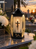 Znicz Szkalny Zn-184 Obudowa Domek Złote Boki 29cm lampion nagrobny na cmentarz, parafinowy, czas palenia do 40 godzin