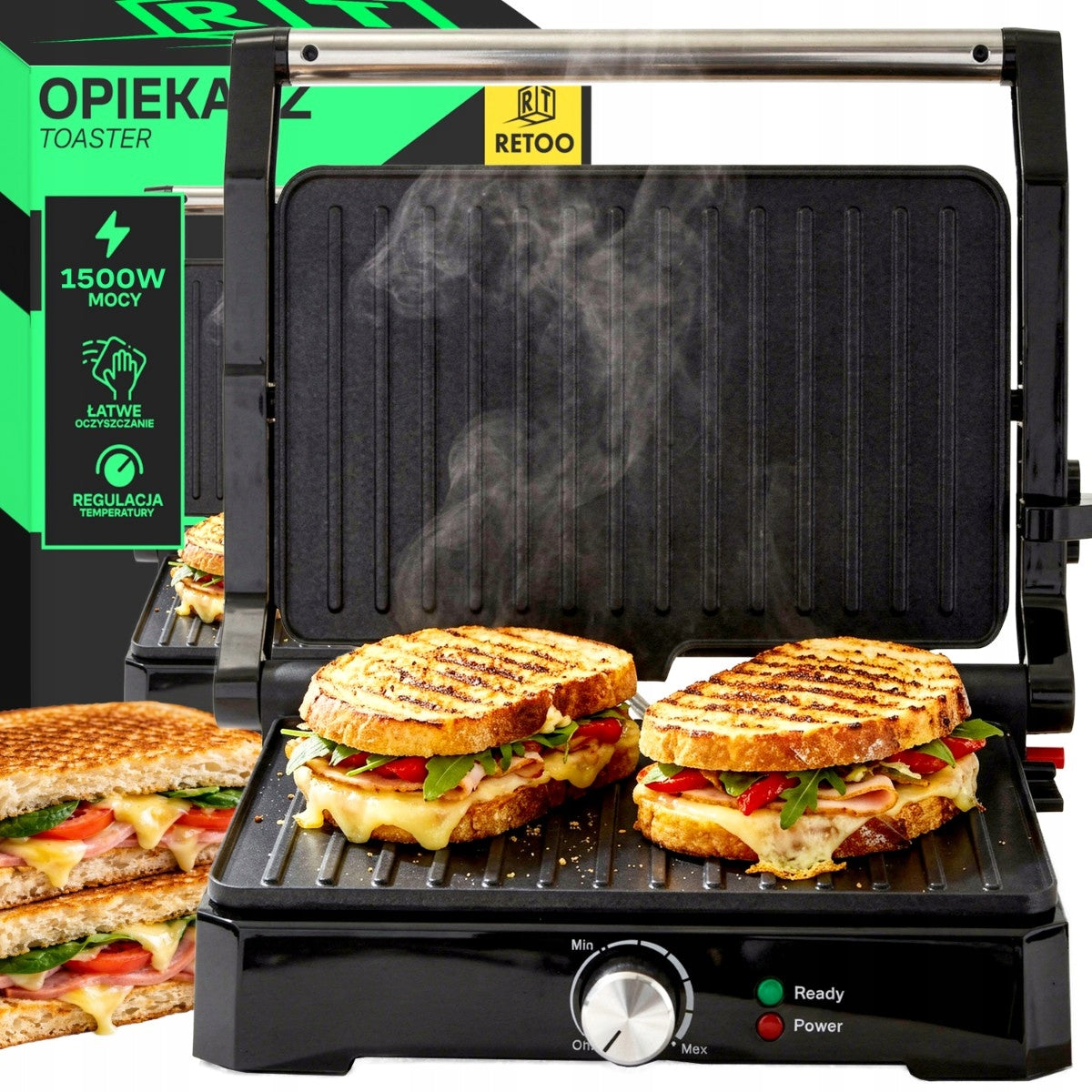Opiekacz grill do kanapek panini toster rozkładany elektryczny duży 1500W nominalna czarny