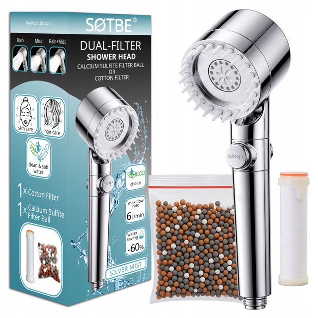 Słuchawka prysznicowa chrom z 2 filtrami do wody wysokociśnieniowa ECO końcówka natryskowa, 3 tryby strumienia, okrągła srebrna