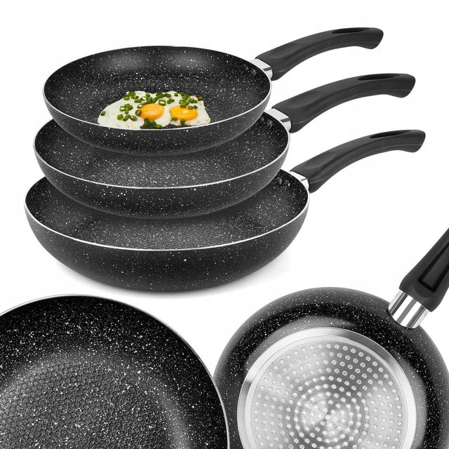 Zestaw 3x patelnia non-stick indukcja Gaz Tadar Marmara Black 20/24/28 cm do smażenia, nieprzywierająca powłoka, nienagrzewające się uchwyty