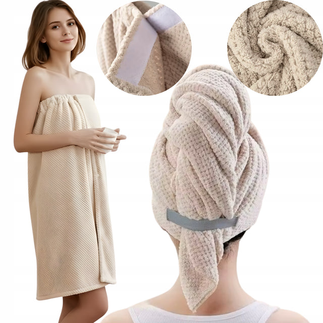 Zestaw ręcznik do sauny mikrofibra 140x85 CM + turban na włosy 60x100 CM pareo beżowe, okrycie kąpielowe na plażę i basen