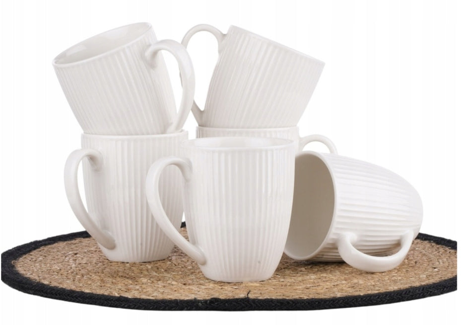 6X kubek porcelanowy ryflowany 330ml komplet kubków prążek do kawy herbaty biały, można myć w zmywarce