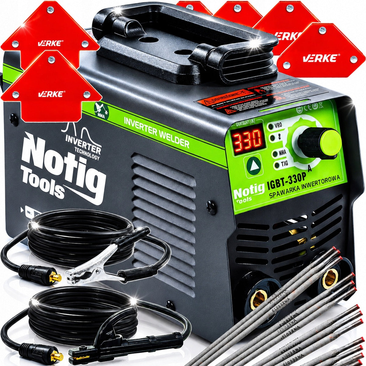 Spawarka inwertorowa inwerterowa 330A MMA TIG lift VRD 20–330A 230V mocna do elektrod 4 mm, wyświetlacz LCD, płynna