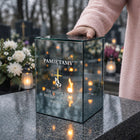 Znicz Lustrzany LED z Grawerem na Grób Cmentarz Elegancki Efekt Płomienia lampion bateryjny, ponad 75 godzin działania