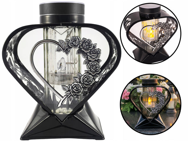 Znicz solarny LED serce z różami duży lampion na grób efekt płomienia świeca cmentarna, lampka nagrobkowa, wysokość 25 cm