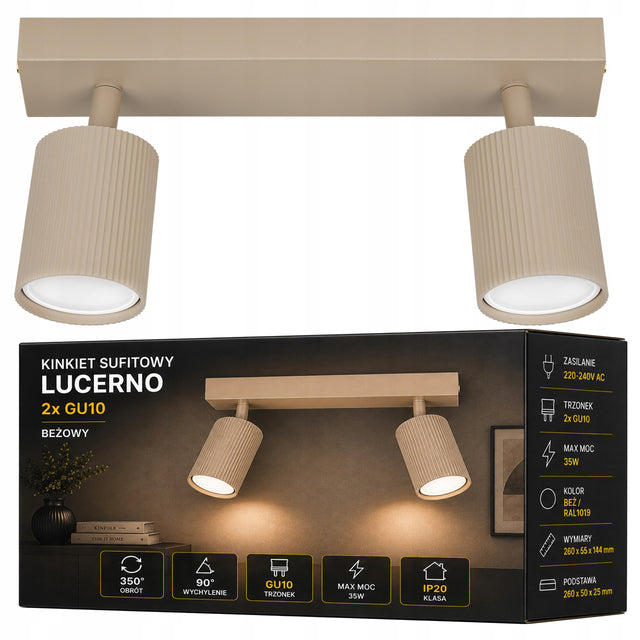 Lampa sufitowa 2x GU10 wisząca żyrandol kinkiet Beżowa Kaszmir ryflowana oprawa punktowa 2-punktowa do salonu i sypialni, max 35 w na żarówkę
