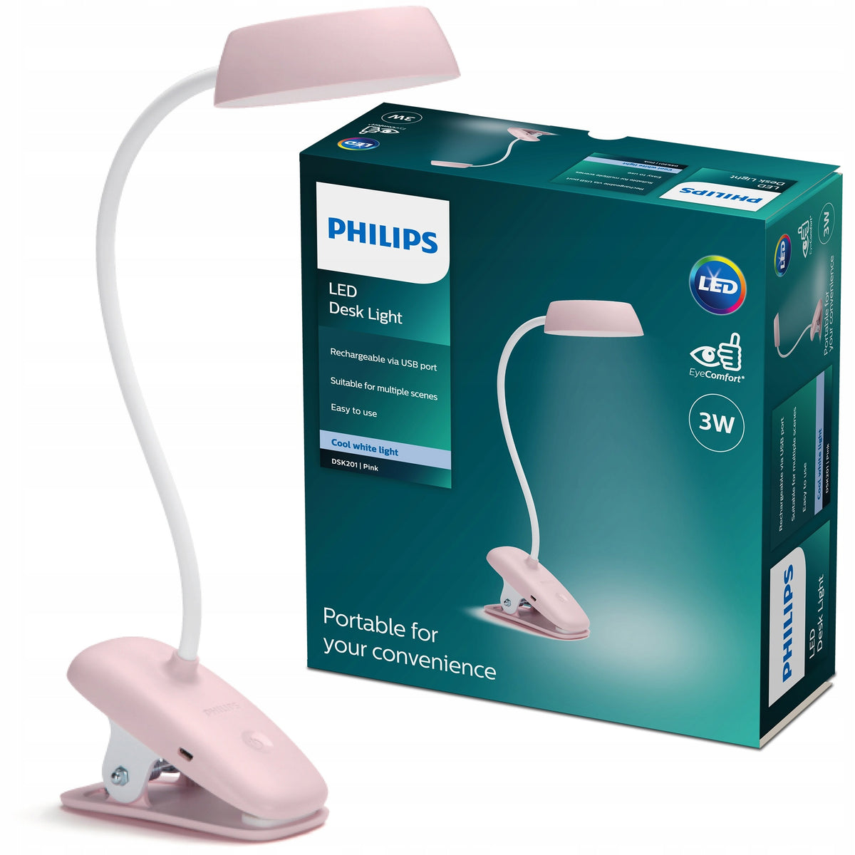 Lampka do Czytania LED NOCNA BIURKOWA BEZPRZEWODOWA USB z KLIPSEM PHILIPS oświetlenie wewnętrzne, do pracy i nauki