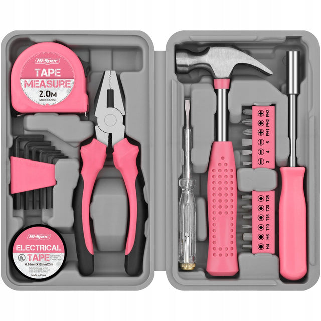 Hi-Spec 24pc różowy mały zestaw narzędzi ręcznych do naprawy DIY zestaw pudełek dla kobiety i domu końcówki wkrętakowe, uchwyty bitów
