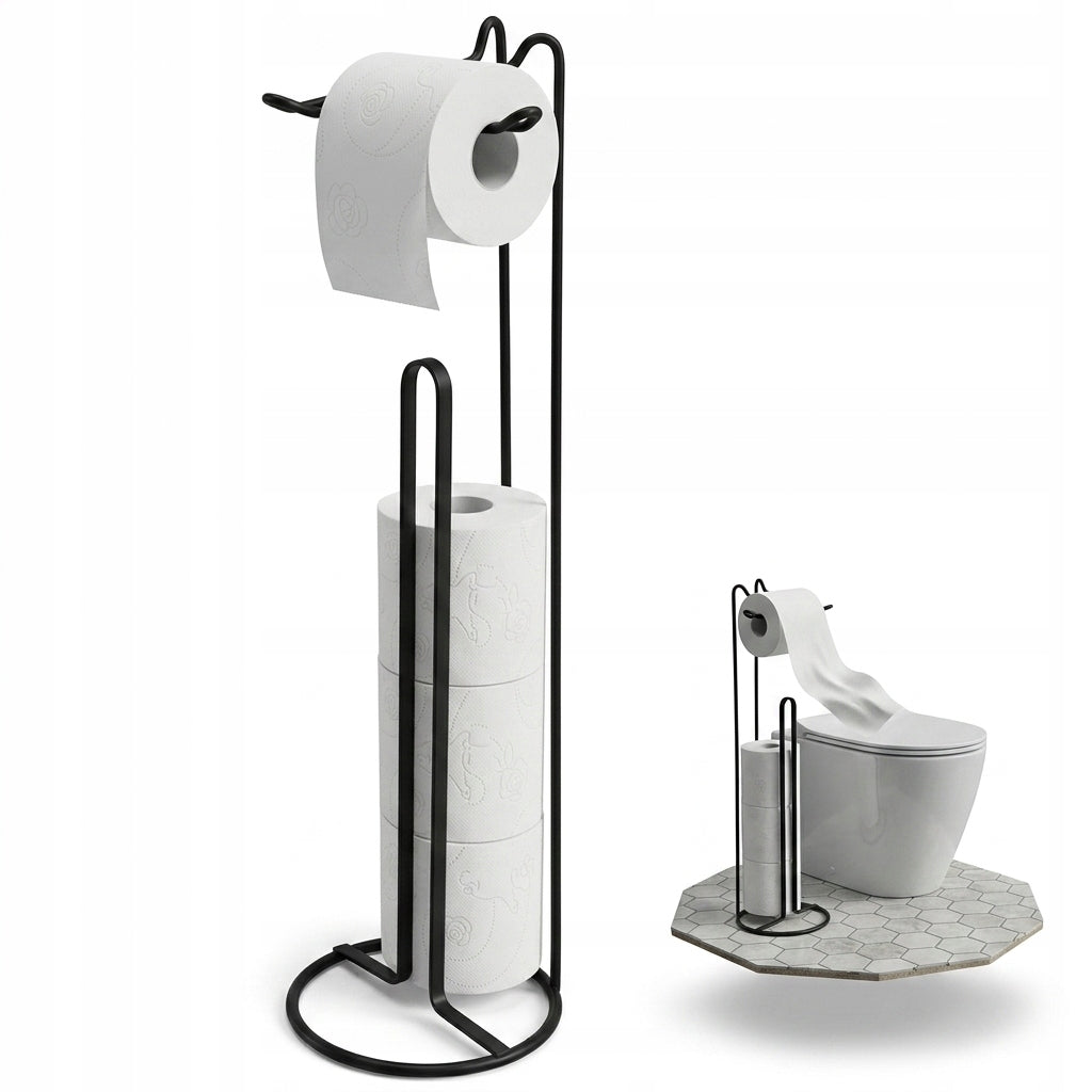 Stojak na papier toaletowy Uchwyt Loft Czarny Metalowy 54cm Stabilny wolnostojący do łazienki, wieszak rolki WC