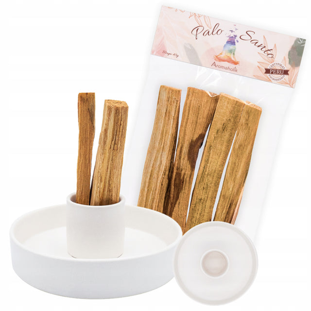 Zestaw Palo Santo + Podstawek do Palenia Kominek Aromaterapia kadzidło naturalne, drewienka zapachowe, zapach drzewny i przyprawowy