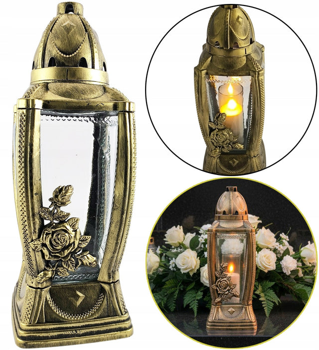 Unikatowy znicz kapliczka lampion szklany ciężki duży - 40cm złoty na cmentarz, nagrobny, dekoracja grobu, czas palenia ponad 75 h