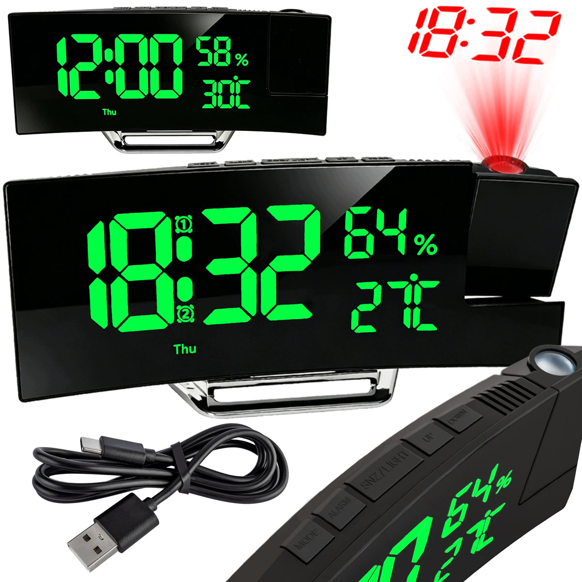 Budzik zegar cyfrowy stojący elektroniczny z projektorem temperatura usb-c czarny tworzywo sztuczne