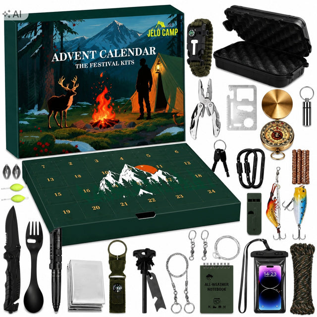 Kalendarz adwentowy survival prezent 24 produkty survivalowe outdoor E24 akcesoria turystyczne, gadżety biwakowe, narzędzia dla fana bushcraftu