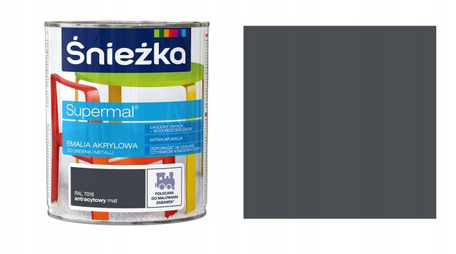Śnieżka emalia akrylowa RAL7016 antracytowy MAT 0,8l - antracyt szary farba uniwersalna do wnętrz i na zewnątrz, rozcieńczalna wodą