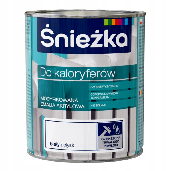 Farba emalia akrylowa do kaloryferów i grzejników 0.75l śnieżka biała, wodnorozcieńczalna, błyszcząca, na metal, do wnętrz