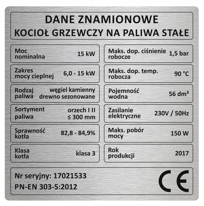 Tabliczka na piec, tabliczka znamionowa na kocioł - 3 klasa oznaczenie urządzenia grzewczego 15 kW, na pellet, drewno i