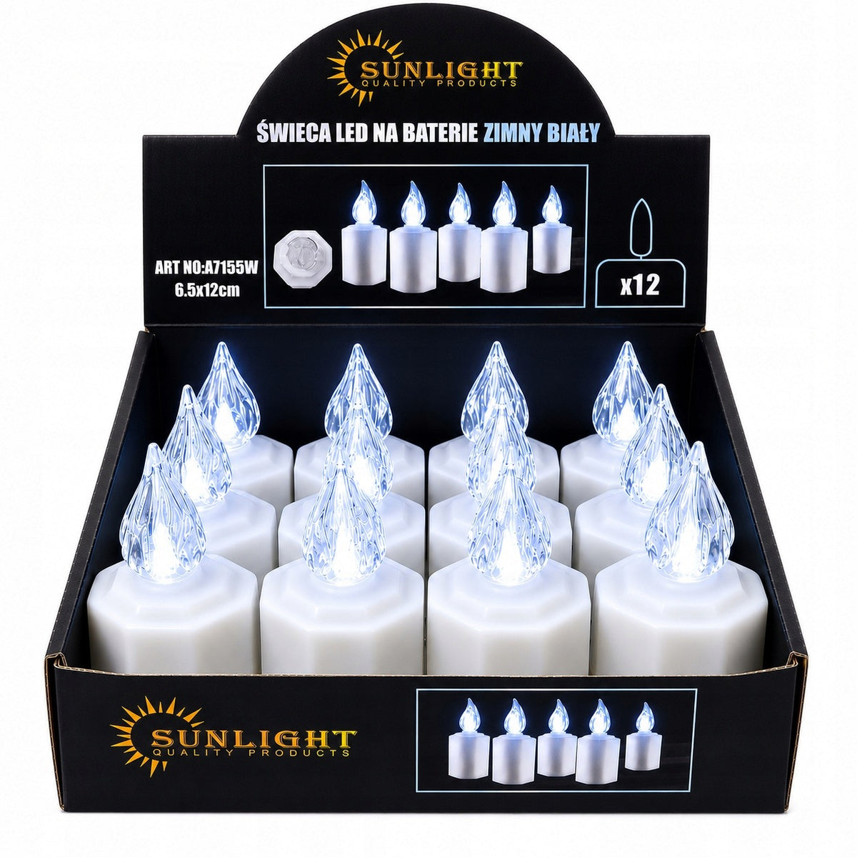 ZESTAW 12SZT ŚWIECZKA ELEKTRYCZNA WKŁAD DO ZNICZY ŚWIECA NA BATERIE 7155W lampka cmentarna LED, 11 cm, świecenie ponad