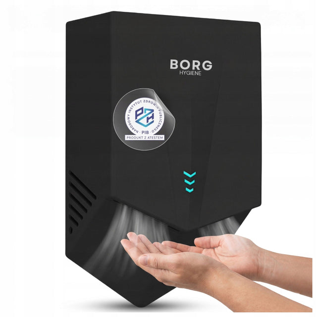 Suszarka do Rąk Automatyczna Mocna 1300W borg V-Blade ABS Czarna 540 km/h elektryczna łazienkowa, czujnik ruchu, obudowa z tworzywa, 72 dB