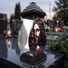 Znicz Lampion Szklany Witrażowy Jezus Chrystus Czarny Duży Premium Na Grób lampka LED, wysokość 39 cm