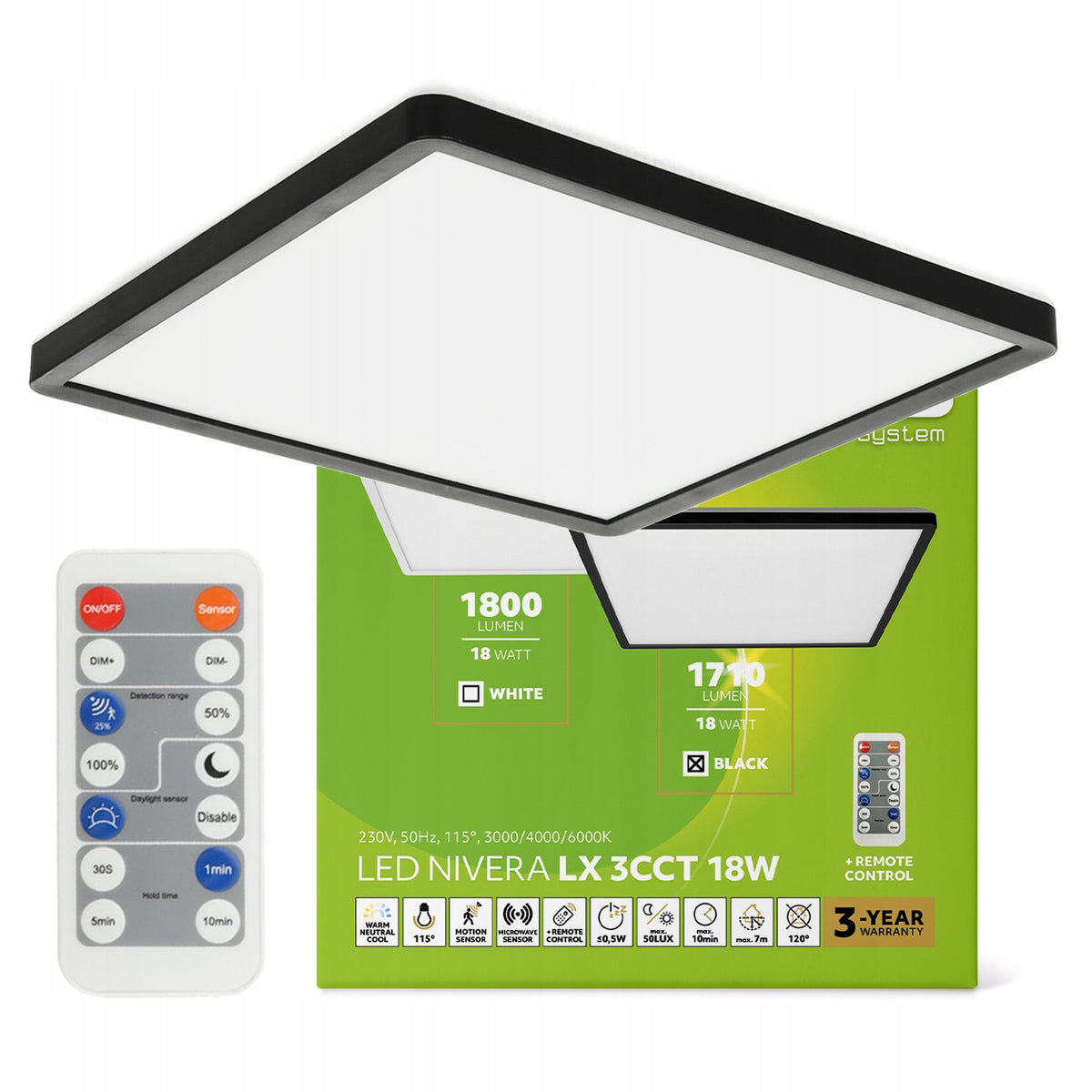 Lampa sufitowa LED plafon 18W kwadratowa Czujnik Ruchu 3CCT IP54 czarny do łazienki, przedpokoju, korytarza