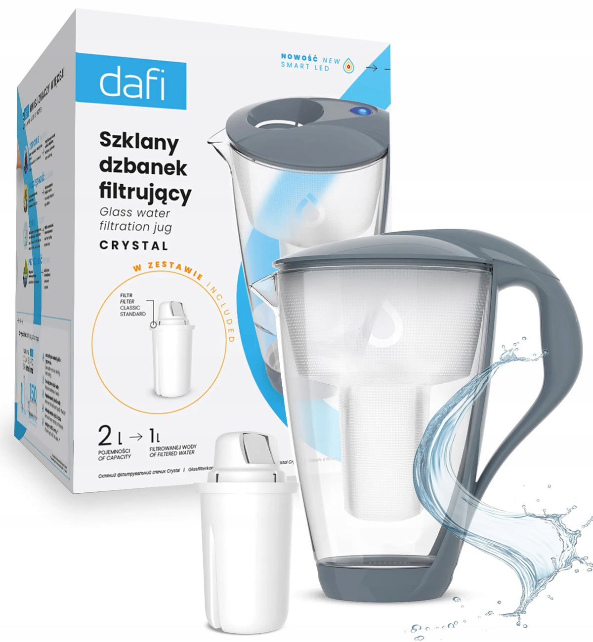 Dzbanek filtrujący szklany Dafi Crystal LED szary + 1 filtr Classic srebrny/szary
