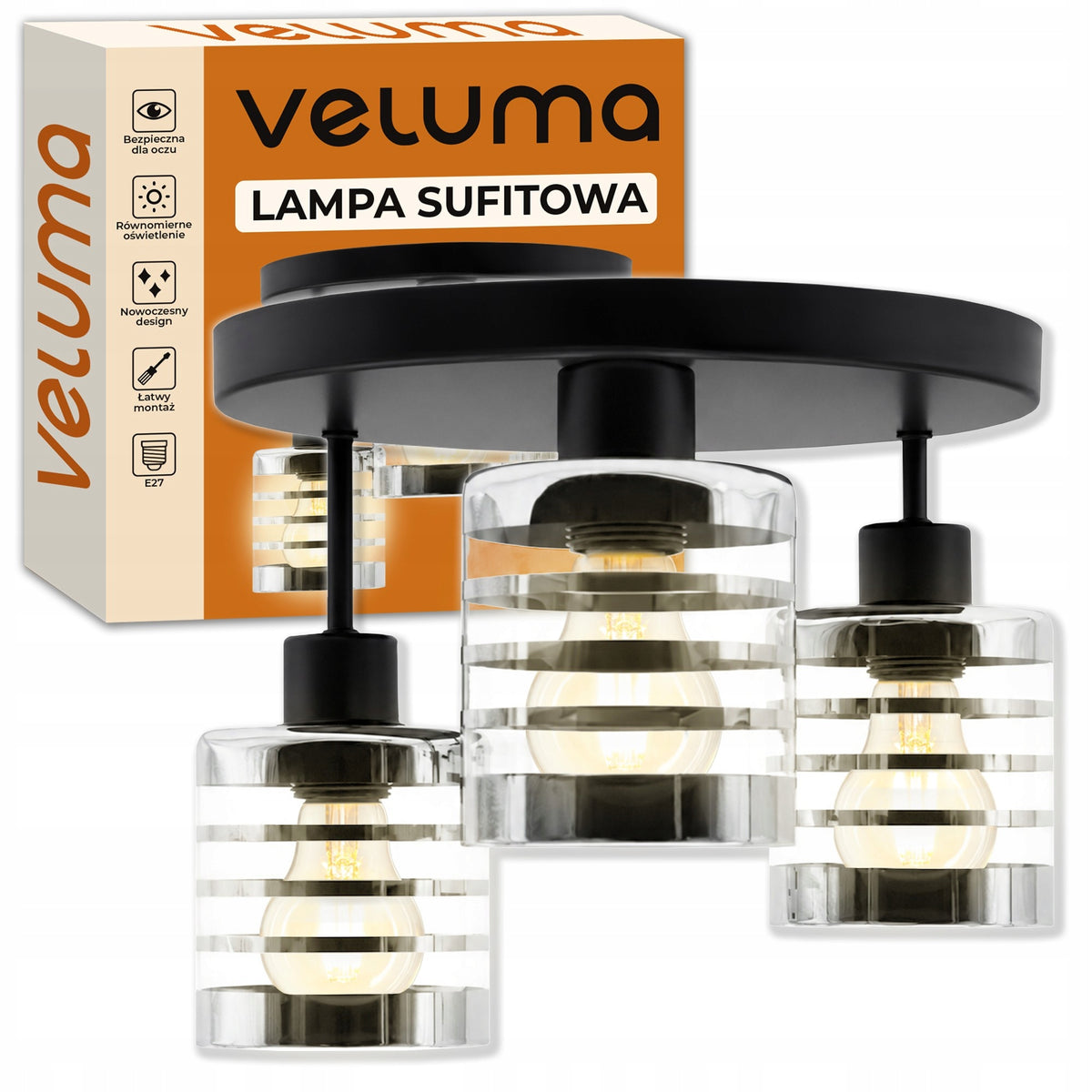 Szklana lampa sufitowa LED Elegancki żyrandol do salonu sypialni kuchni oprawa wisząca, 3 punkty świetlne, czarna
