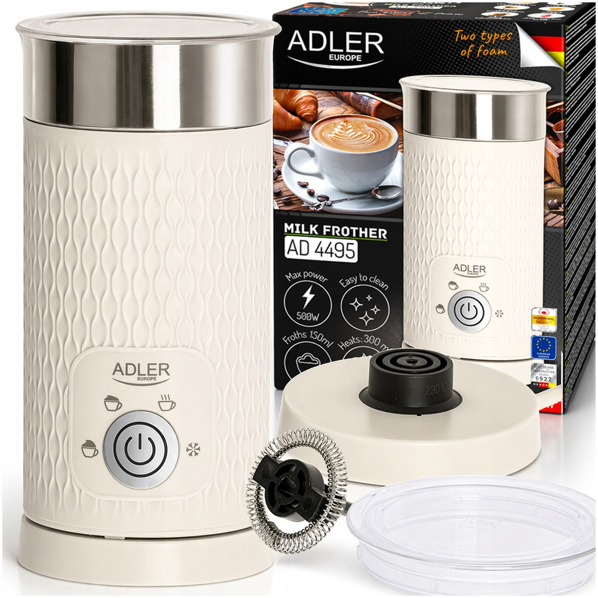 Spieniacz do mleka elektryczny podgrzewacz do spieniania 300ml 500W latte bezprzewodowy dzbanek, ciepła pianka, beżowy